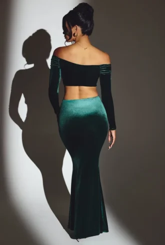Gonna lunga a vita media in velluto Nixie in verde smeraldo