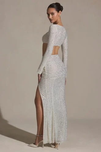 Gonna lunga arricciata con decorazioni Claribel in bianco