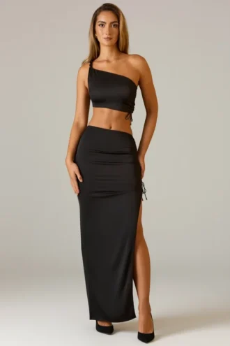Gonna lunga asimmetrica con arricciature Ishaana in nero