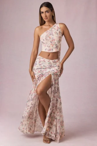 Gonna lunga asimmetrica con ruches Romy con stampa floreale Primrose