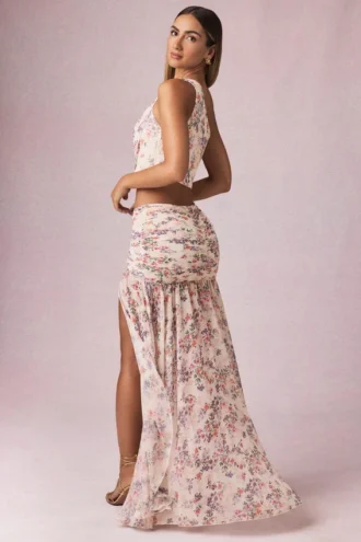 Gonna lunga asimmetrica con ruches Romy con stampa floreale Primrose