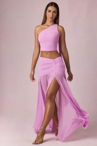 Gonna lunga asimmetrica con ruches Romy in rosa orchidea