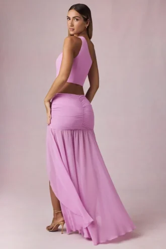 Gonna lunga asimmetrica con ruches Romy in rosa orchidea
