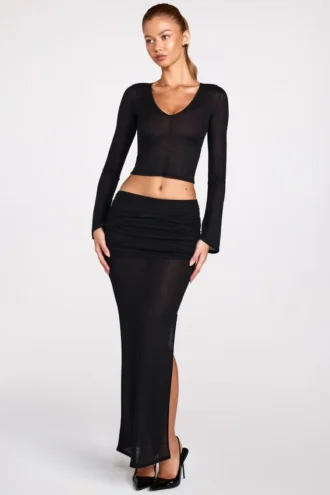 Gonna lunga drappeggiata a vita bassa in jersey trasparente Diana, colore nero