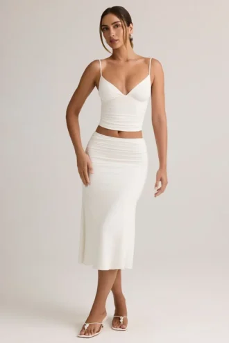 Gonna midi a vita media con ruches in modal Luella, colore bianco