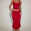Gonna midi svasata in pizzo color corallo con vita media in rosso intenso Gonna midi svasata in pizzo color corallo con vita media in rosso intenso