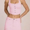 Gonna-pantaloncino a vita bassa in denim Virella in rosa fiorito Gonna-pantaloncino a vita bassa in denim Virella in rosa fiorito