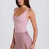 Gonna-pantaloncino avvolgente in maglia a coste color malva Gonna-pantaloncino avvolgente in maglia a coste color malva