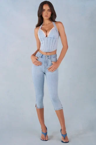 Jeans capri in denim a vita media Landon in denim chiaro