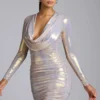 Layla Vestito corto in jersey metallizzato a maniche lunghe in oro chiaro Layla Vestito corto in jersey metallizzato a maniche lunghe in oro chiaro