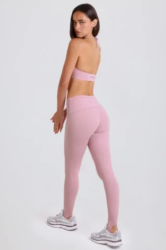 Leggings a cavallina con risvolto a vita media in color malva