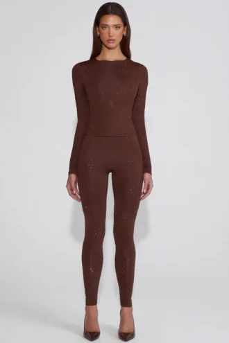 Leggings a vita alta in jersey decorato Cassie in marrone cioccolato