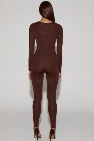 Leggings a vita alta in jersey decorato Cassie in marrone cioccolato