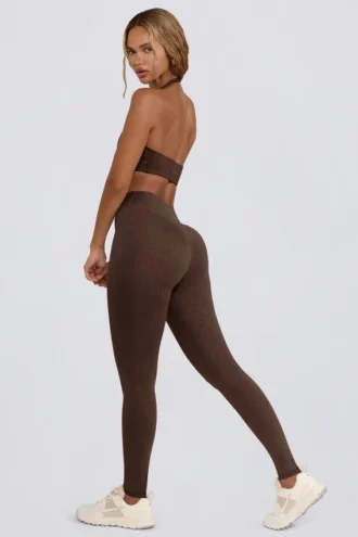 Leggings a vita media con arricciature in jersey spazzolato color pecan melange