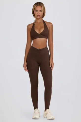 Leggings a vita media con arricciature in jersey spazzolato color pecan melange