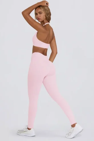 Leggings a vita media con arricciature in jersey spazzolato, colore rosa pallido melange