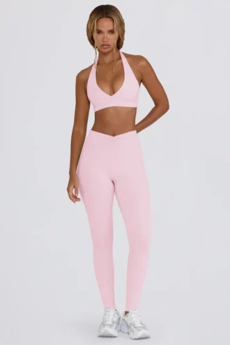 Leggings a vita media con arricciature in jersey spazzolato, colore rosa pallido melange