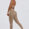 Leggings a vita media in jersey spazzolato con arricciature in moka melange Leggings a vita media in jersey spazzolato con arricciature in moka melange