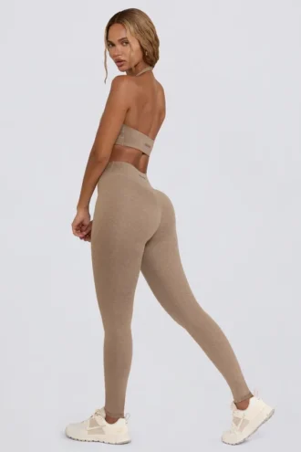 Leggings a vita media in jersey spazzolato con arricciature in moka melange
