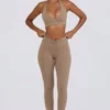 Leggings a vita media in jersey spazzolato con arricciature in moka melange Leggings a vita media in jersey spazzolato con arricciature in moka melange