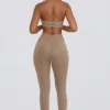Leggings a vita media in jersey spazzolato con arricciature in moka melange Leggings a vita media in jersey spazzolato con arricciature in moka melange