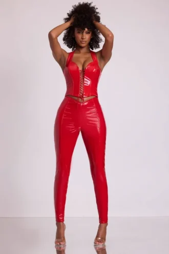 Leggings in vinile Samara a vita alta a V in rosso fuoco