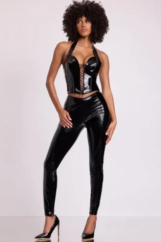 Leggings in vinile Samara con vita a V alta in nero