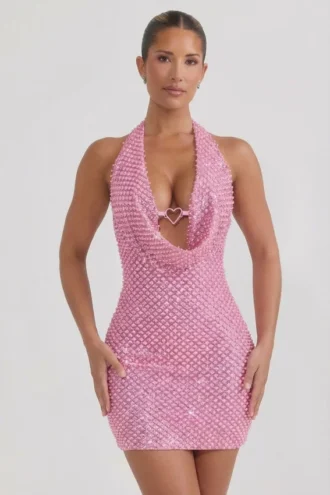 Mabella Vestito corto con collo a cappuccio e dettagli a cuore in rosa