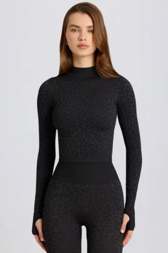Maglia termica a maniche lunghe in nero leopardato