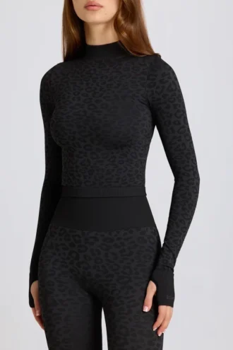 Maglia termica a maniche lunghe in nero leopardato