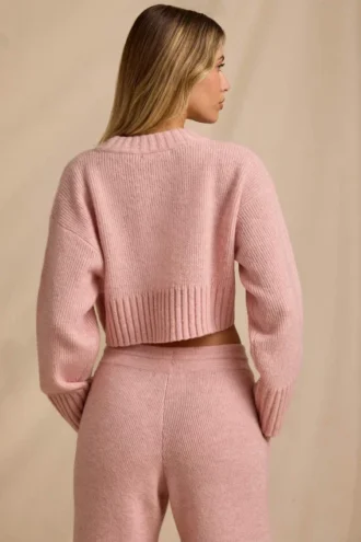 Maglione corto a coste in rosa cipria