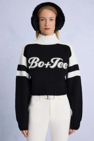 Maglione corto con logo in maglia, nero