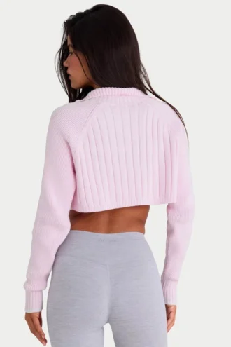 Maglione corto in maglia a costine con zip a un quarto in rosa cipria