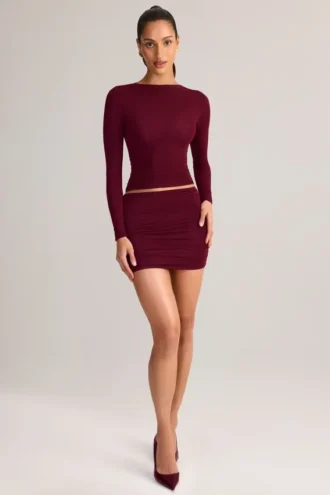 Mini gonna a vita media con arricciature in modal Cali, colore rosso vino