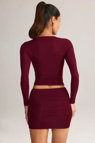 Mini gonna a vita media con arricciature in modal Cali, colore rosso vino