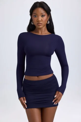 Mini gonna a vita media con ruches in Modal Cali, colore blu navy