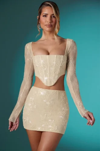 Mini gonna aderente in pizzo decorato Romy, colore avorio