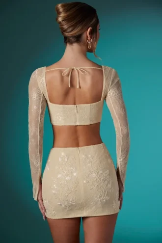 Mini gonna aderente in pizzo decorato Romy, colore avorio
