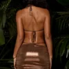 Mini gonna da costume da bagno metallizzata con arricciature in marrone