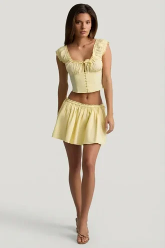 Mini gonna in popeline di cotone con ruches Maira in giallo limone
