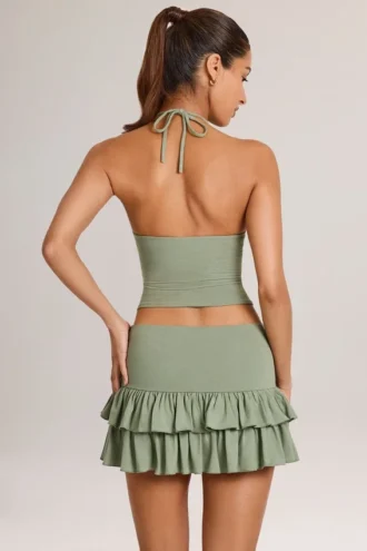 Mini gonna-pantaloncino a vita media con volant in modal Azaria, verde salvia