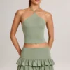 Mini gonna-pantaloncino a vita media con volant in modal Azaria, verde salvia Mini gonna-pantaloncino a vita media con volant in modal Azaria, verde salvia