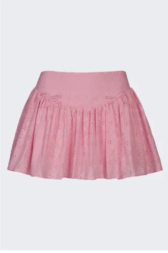 Mini gonna Thia con fiocco in broderie anglaise rosa tenue