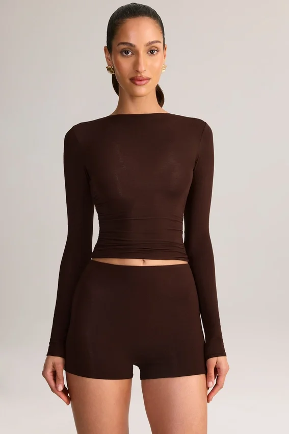 Mini shorts aderenti a vita alta Noor in TENCEL™ Modal color cioccolato Mini shorts aderenti a vita alta Noor in TENCEL™ Modal color cioccolato