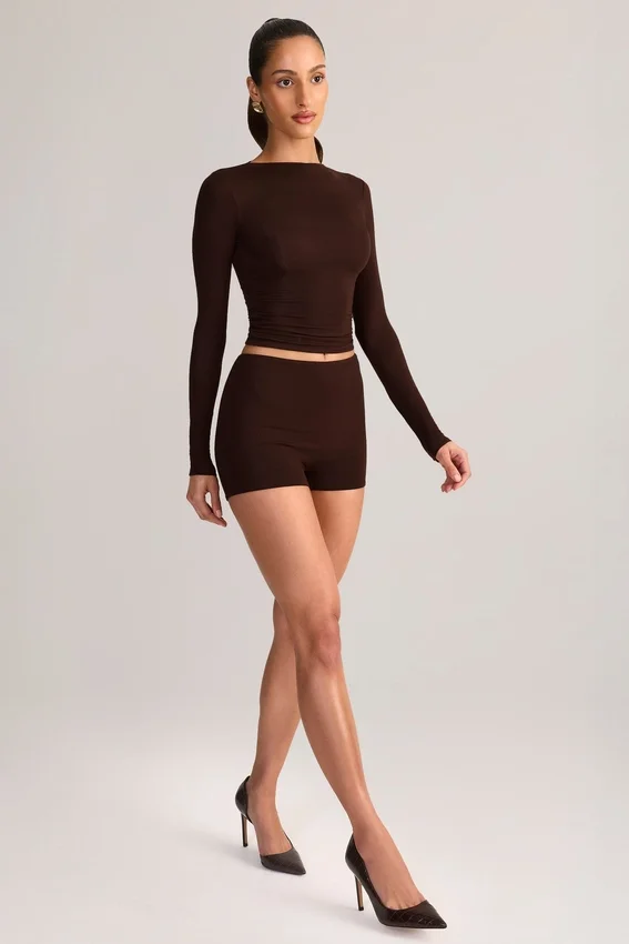 Mini shorts aderenti a vita alta Noor in TENCEL™ Modal color cioccolato Mini shorts aderenti a vita alta Noor in TENCEL™ Modal color cioccolato