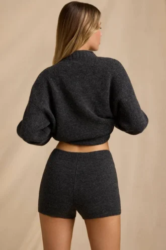 Mini shorts in maglia a vita media in grigio antracite melange