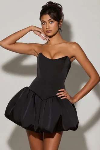 Minivestito a corsetto con orlo a palloncino e lacci Minerva in nero