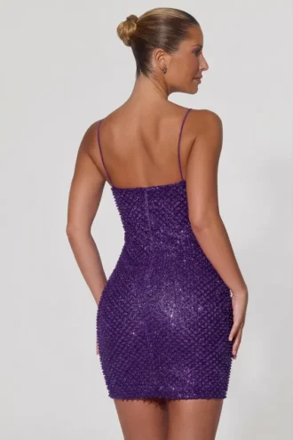 Mischa Vestito corto con scollo a cuore decorato in viola