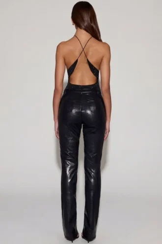 Nemyra Pantaloni a gamba dritta in ecopelle effetto coccodrillo, nero