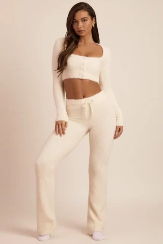Pantaloni a gamba larga in maglia soffice Safia, colore avorio